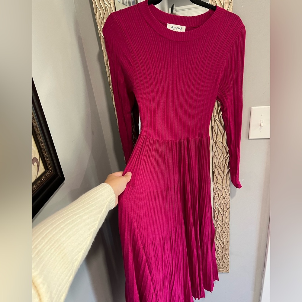 &more! Fuchsia Ribbed Long-Sleeve Midi Dress